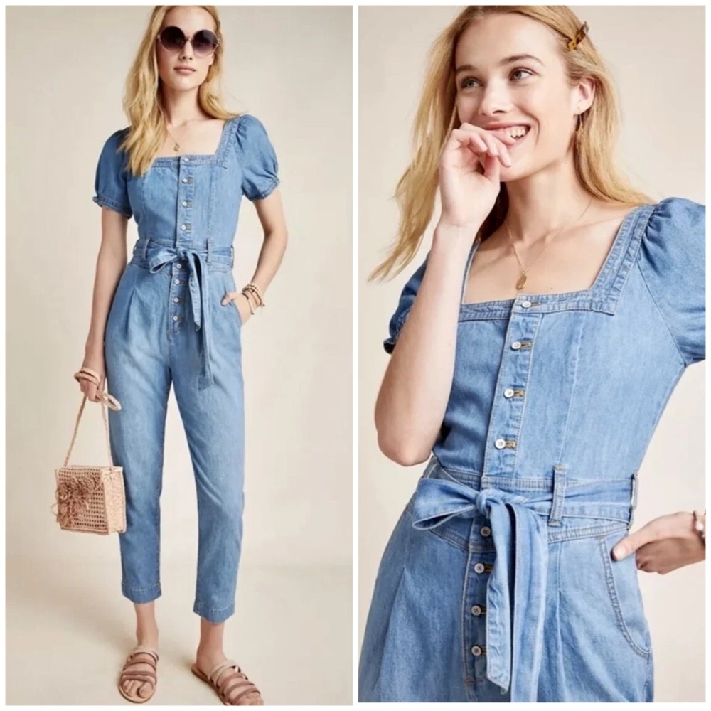 Pilcro Light Blue Denim Jumpsuit with Puff Sleeves